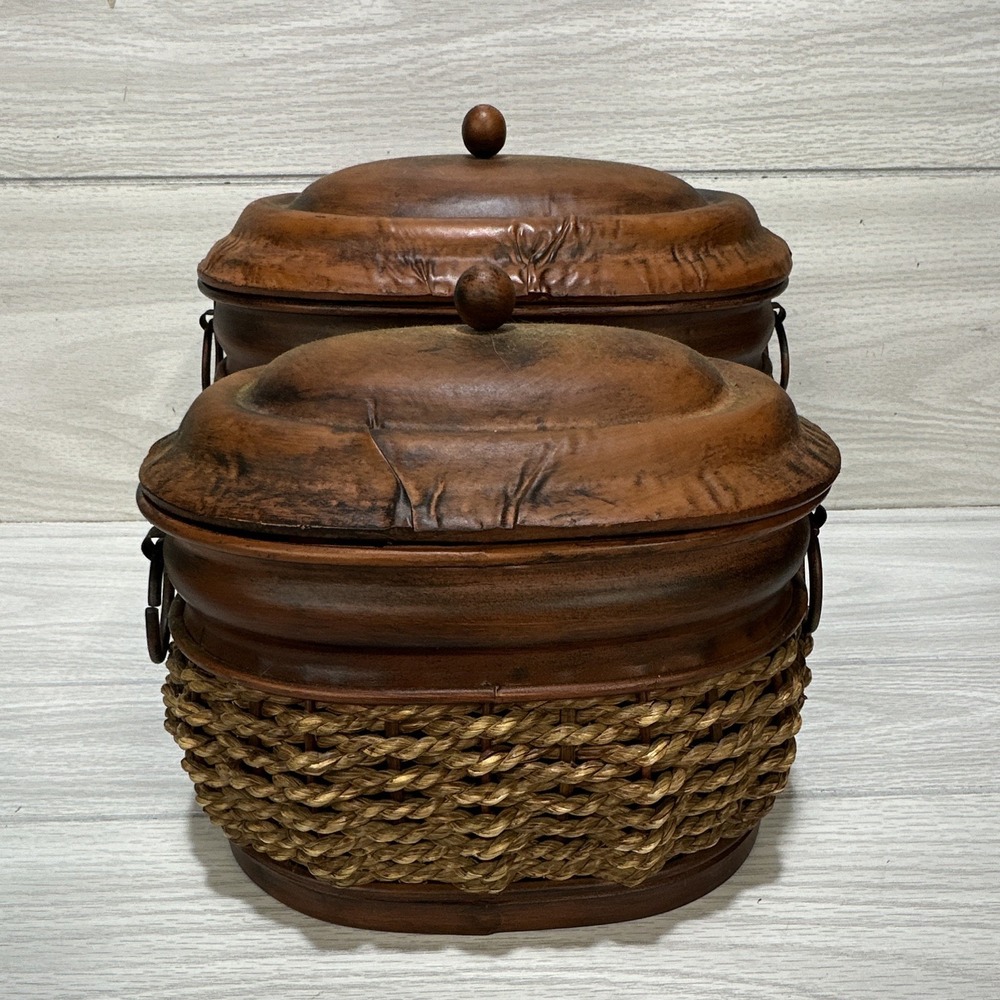 Rustic Brown/Tan Metal Decorative Jars (Set Of 2) Woven Wicker Lids Handles
